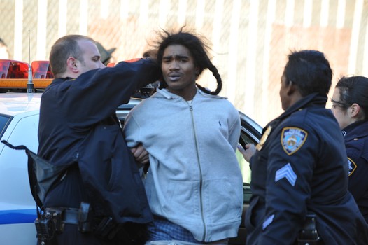 Todd Maisel's photo of the suspect apprehended by officers being identified by the alleged victim.